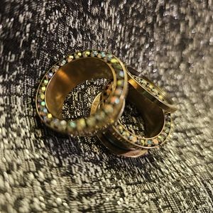 22mm 7/8" 24k Gold Anodized with Iridescent Cz Stones Screw-fit Ear Tunnels.